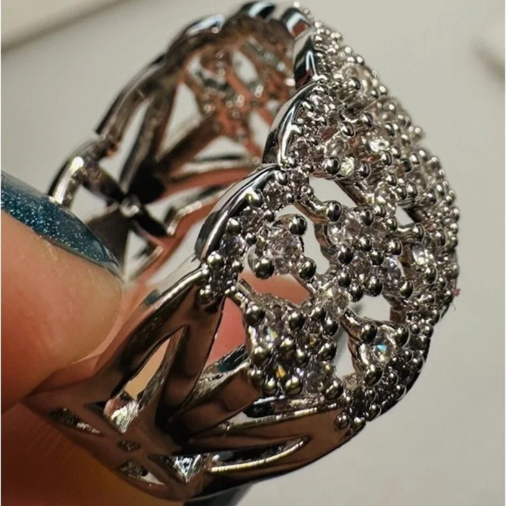 Bomb Party Size 7 Clear CZ Wide Lace Statement Ring Rhodium Plated BP